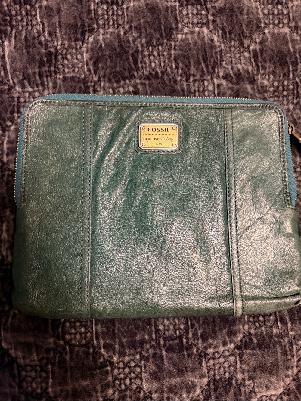 Fossil Teal Green Leather Zip Cosmetic Pouch